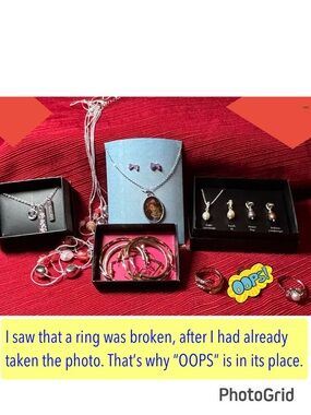 Avon-3 necklaces-2 rings-3 prs earrings; child’s earring-necklace set by Jacmel.